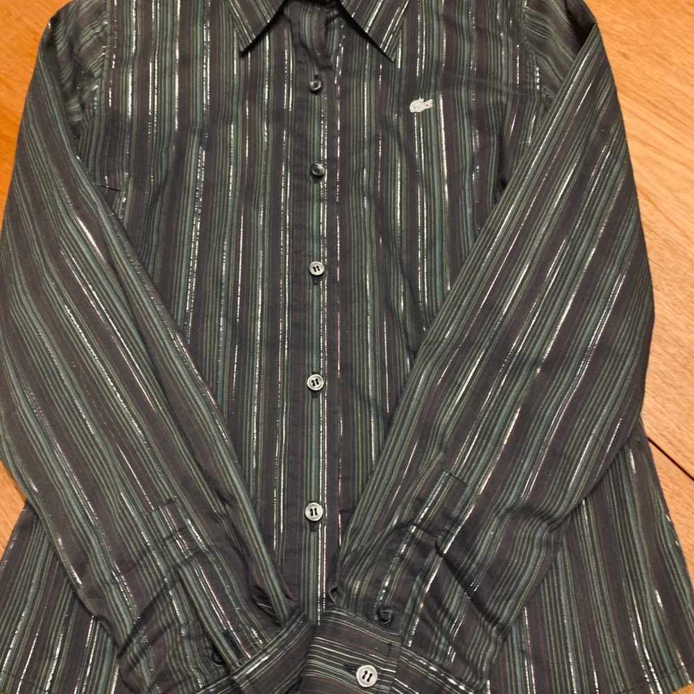 Lacoste Black Dark Green and Metallic Silver Striped Shirt